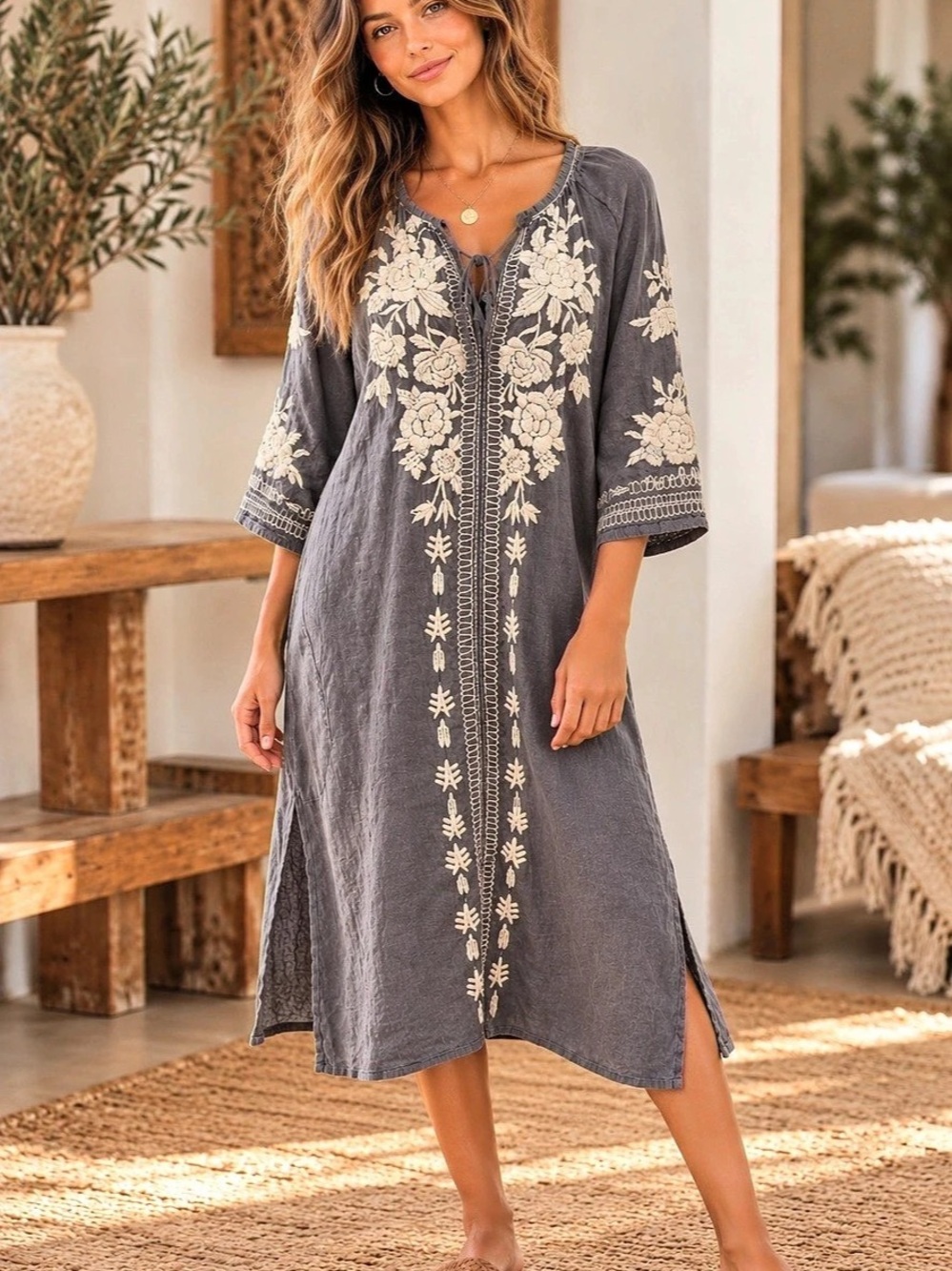 Johnny Was Linen Embroidered Midi Dress w/ Pockies! (303030) ☀️ 🦋